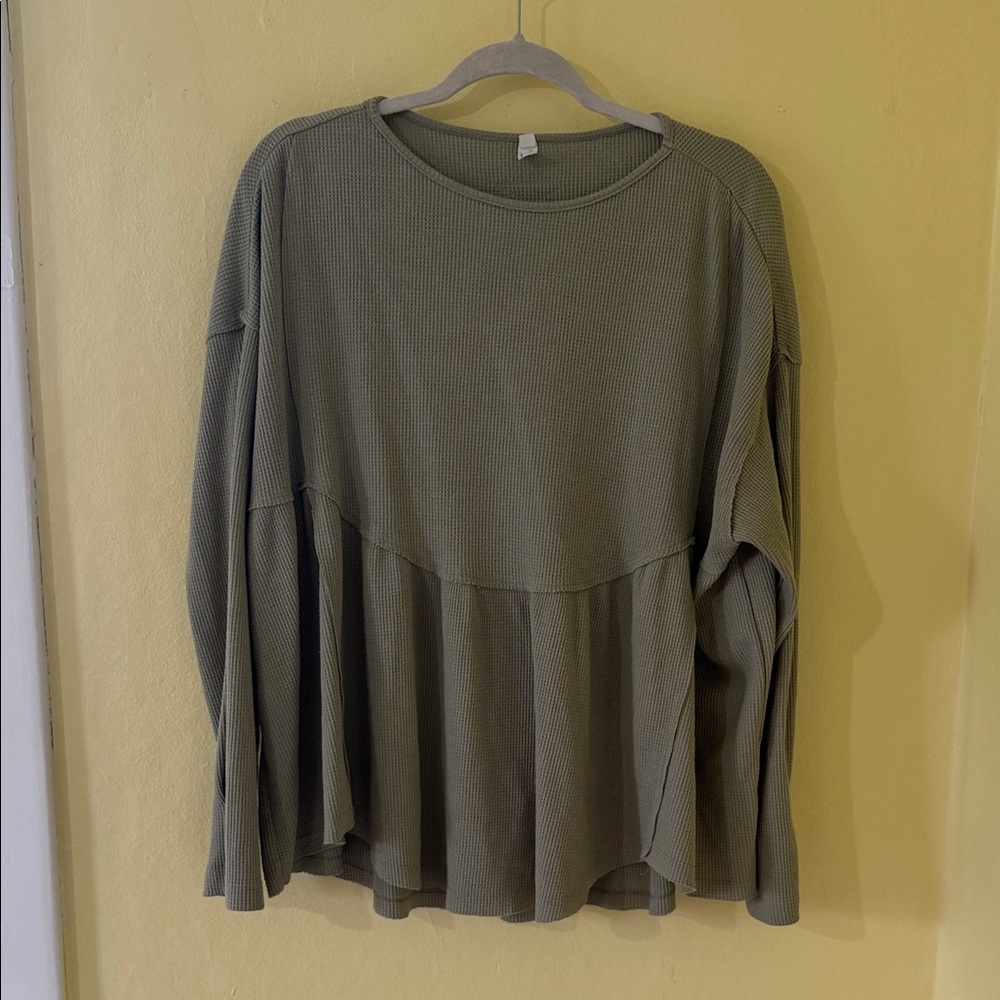 Relaxed Peplum Waffle Knit Long-Sleeve Top - Olive